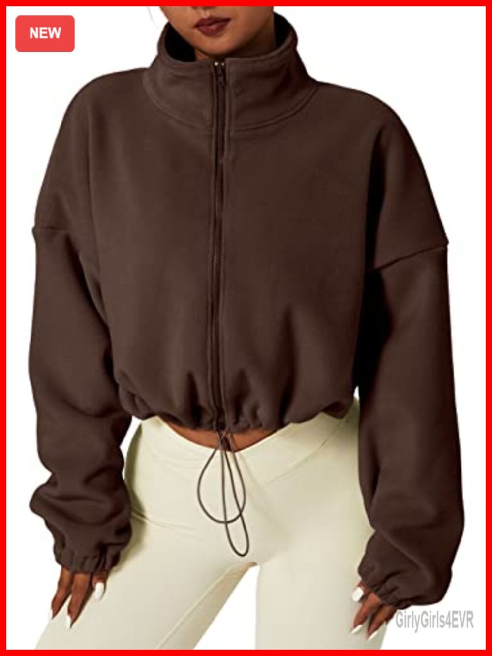 QINSEN Women's Full Zip Fleece Short Jacket Warm Winter Long Sleeve Sherpa Crop